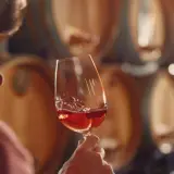 Un uomo assapora un bicchiere di vino rosso nelle cantine di Bolgheri, circondato da botti di legno.