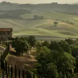 Dolci colline del Val di Merse con un casale in pietra, cipressi e campi verdi sotto un cielo nebbioso.