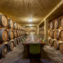 Un'elegante sala per una visita in cantina con degustazione, con botti di legno disposte su entrambi i lati e un lungo tavolo apparecchiato.