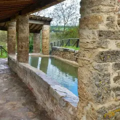 Antiche vasche d'acqua nel centro storico di San Casciano dei Bagni, con colonne in pietra e tettoia in legno.