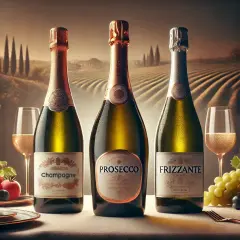 Tre bottiglie di spumante, tra cui un famoso prosecco, con bicchieri e frutta su un tavolo, sullo sfondo di vigneti.