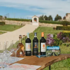 Vino e bicchieri sul tavolo di legno, con la campagna toscana e la Tenuta Casenuove sullo sfondo.