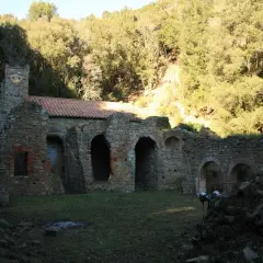 Rovine dell'eremo di San Guglielmo, con archi in pietra e un tetto parzialmente intatto, immerso nel verde di una collina boscosa.