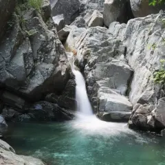Cascate naturali in Lunigiana, con acqua cristallina che scende tra rocce grigie e vegetazione rigogliosa. Un angolo di paradiso selvaggio.