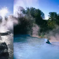 Le **Terme di Saturnia dove si trovano** sono un luogo magico con cascate naturali di acqua sulfurea. Una donna ammira il vapore che sale.