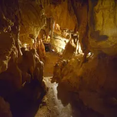 Interno della grotta Maona, con stalattiti e stalagmiti illuminate, sentiero e ringhiere per i visitatori.