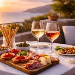 Un aperitivo al tramonto con calici di vini bianchi famosi, bruschette, salumi, formaggi e olive, con vista sul mare.