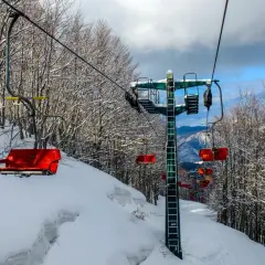 Seggiovie rosse e innevate salgono verso il cielo azzurro, attraversando un bosco spoglio. Un paesaggio invernale che ricorda il **centro** di **Abetone**.