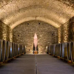 Cantine in pietra con botti di legno, un'installazione artistica al centro. Perfetto per una visita cantine Chianti.