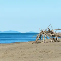 Spiaggia del Parco dell'Uccellina con un rifugio di legni sulla sabbia e il mare blu all'orizzonte.