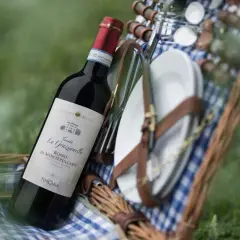 Cesto da picnic con bottiglia di vino rosso, probabilmente da uve sangiovese, e piatti.