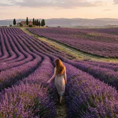 Una donna cammina tra i lavendelfelder toscana al tramonto, con una casa in lontananza.