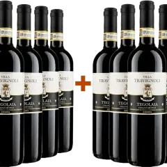 Dodici bottiglie di vino rosso Villa Travignoli, un Chianti Rufina Riserva, disposte in due file.