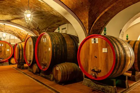 Le cantine di Montepulciano, con botti di legno e soffitti a volta in mattoni, custodiscono il vino.