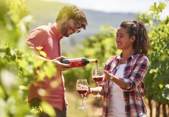 Coppia sorridente assapora il vino rosso Malenchini in un vigneto soleggiato.