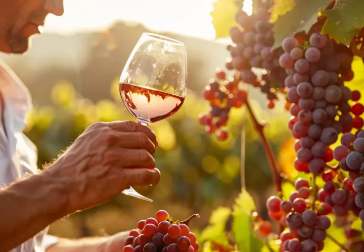 Uomo con bicchiere di vino rosato in vigneto, tra grappoli d'uva matura. Un assaggio delle tenute Chianti al tramonto.