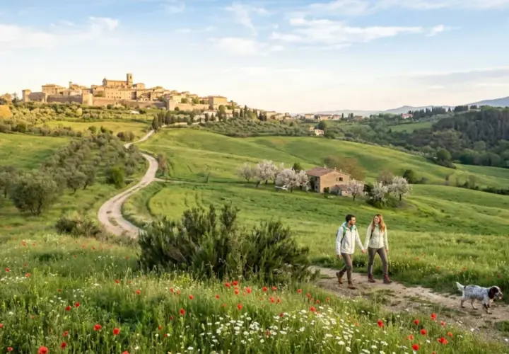 Coppia passeggia con cane tra fiori e ulivi, scoprendo gli **Arezzo geheimtipps** con borgo medievale sullo sfondo.