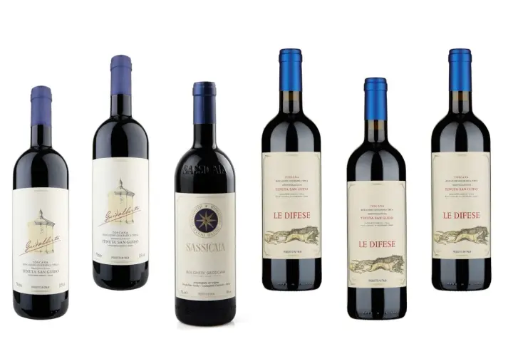 Sei bottiglie di vino Tenuta San Guido: Guidalberto, Sassicaia e Le Difese. Il Sassicaia 2021 punteggio è eccellente.