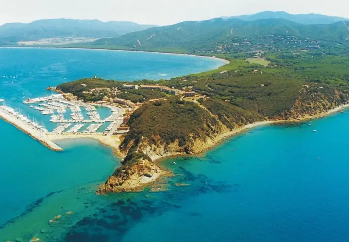Vista aerea di una punta con un porto turistico pieno di barche, case e vegetazione. Un luogo incantevole dove la punta ala cosa vedere.