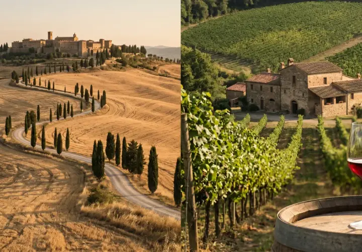 Paesaggio toscano con borgo collinare e vigneti rigogliosi, un bicchiere di vino rosso su una botte, evocando l'essenza della vinicola Chianti.