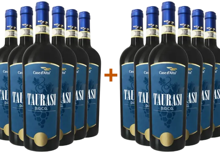 Dodici bottiglie di vino Taurasi D.O.C.G. Case d'Alto, un pregiato vino rosso italiano ottenuto dal vitigno Aglianico.