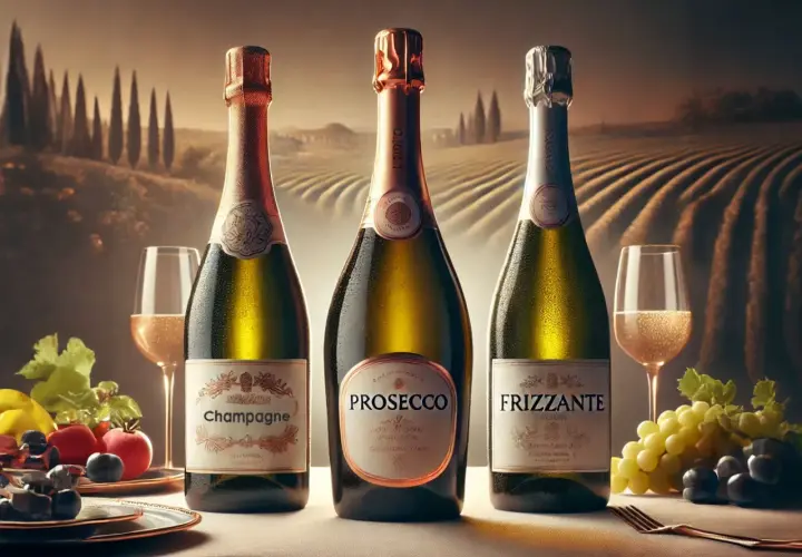 Tre bottiglie di spumante, tra cui un famoso prosecco, con bicchieri e frutta su un tavolo, sullo sfondo di vigneti.