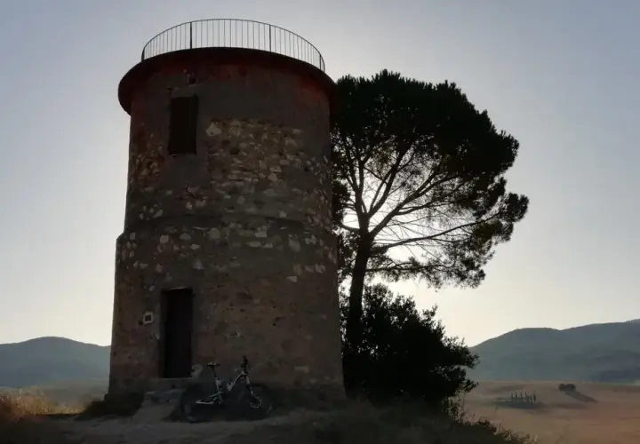 Torre circolare in pietra con una bicicletta appoggiata, vicina a un pino solitario. Paesaggio collinare sullo sfondo, forse la macchia della Magona.