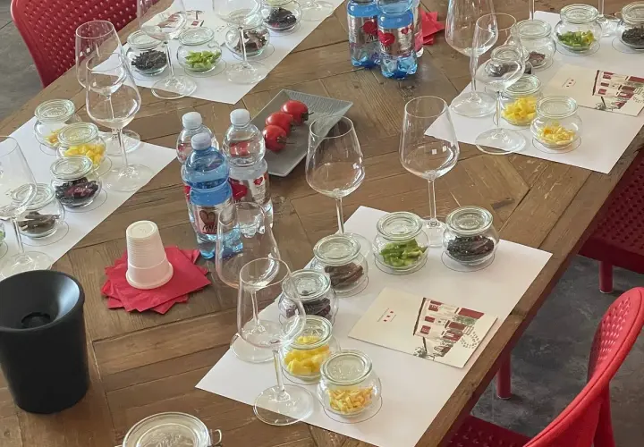Degustazione al podere conca: bicchieri, vasetti con campioni e bottiglie d'acqua pronti per un'esperienza sensoriale.