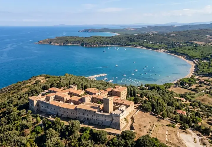 Fortezza del Poggio, una delle meraviglie del Val di Cornia cosa vedere, domina una baia azzurra con barche e una spiaggia dorata.