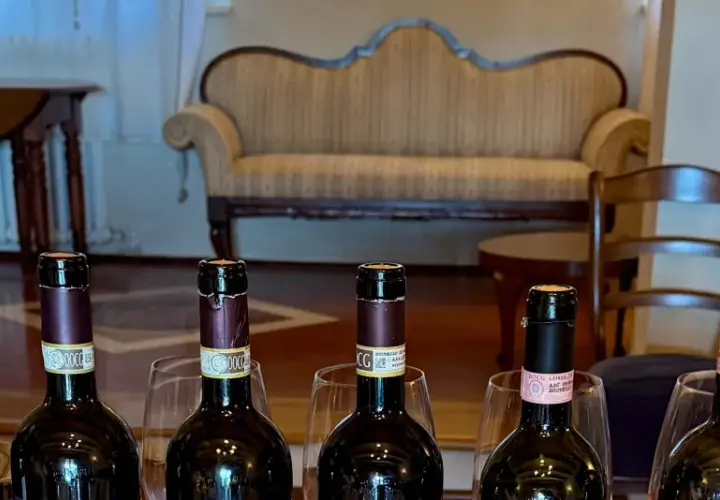 Sei bottiglie di vino, tra cui un **migliore Brunello di Montalcino**, pronte per una degustazione in un salotto elegante.