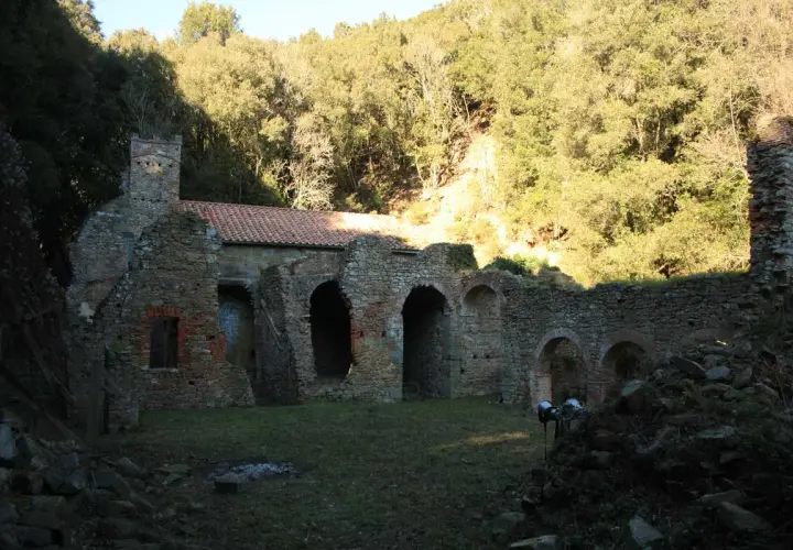 Rovine dell'eremo di San Guglielmo, con archi in pietra e un tetto parzialmente intatto, immerso nel verde di una collina boscosa.