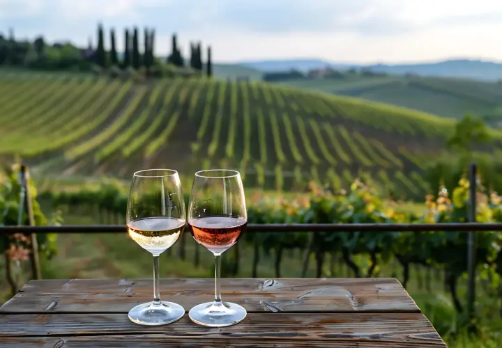 Due calici di vino, uno bianco e uno rosato, su un tavolo di legno con vigneti di Castellina in Chianti sullo sfondo.