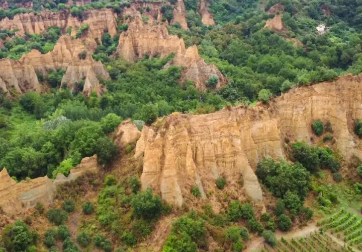 Le suggestive balze del Valdarno, scolpite dal tempo, si ergono tra rigogliosi boschi e vigneti.