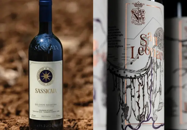 Sassicaia, un vino iconico, forse il più costoso, accanto a un'altra bottiglia con etichetta artistica.