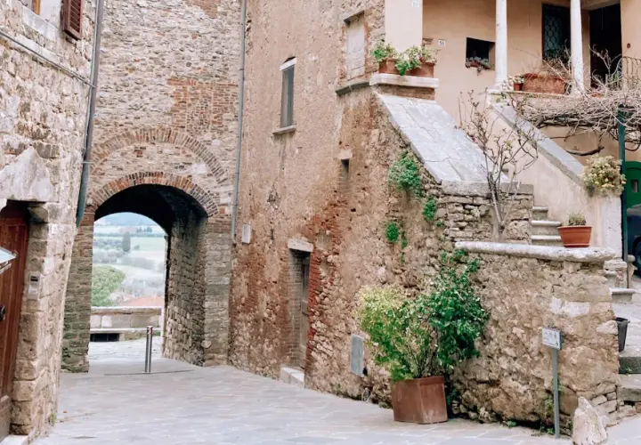 Antico vicolo con arco in pietra, tipico dei borghi vicino Rapolano Terme. Scale in pietra e piante in vaso aggiungono fascino.