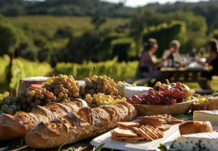 Un banchetto all'aperto tra i vigneti della Maremma: pane, formaggi, uva e vino, con persone che chiacchierano in lontananza.
