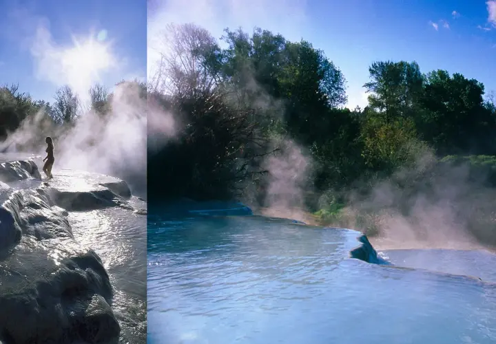 Le **Terme di Saturnia dove si trovano** sono un luogo magico con cascate naturali di acqua sulfurea. Una donna ammira il vapore che sale.