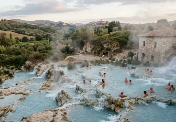 Le terme di Vetulonia, con le loro acque azzurre e fumanti, offrono un rifugio rilassante tra colline toscane.