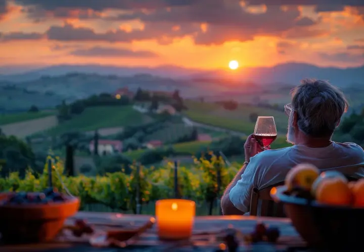 Uomo con bicchiere di vino rosso ammira tramonto su vigneti, pensando alle migliori annate Masseto.
