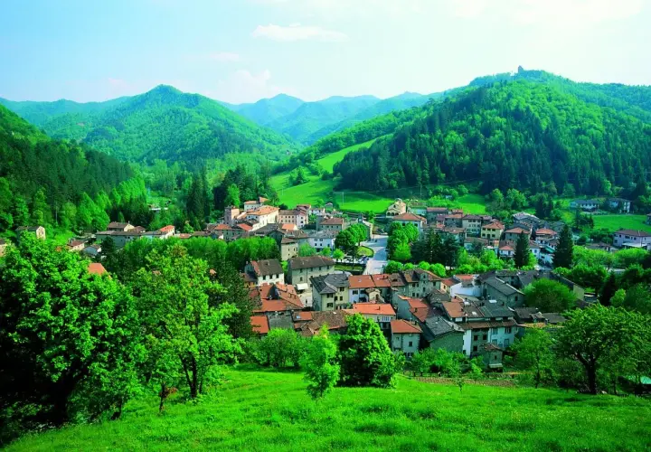 Un borgo incantevole, Palazzuolo sul Senio, immerso nel verde lussureggiante delle colline appenniniche. Case con tetti rossi si aggrappano ai pendii, circondate da alberi rigogliosi e un cielo azzurro.