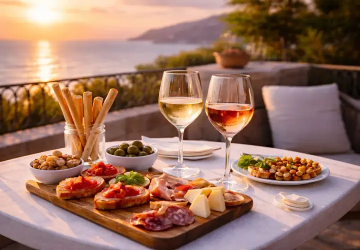 Un aperitivo al tramonto con calici di vini bianchi famosi, bruschette, salumi, formaggi e olive, con vista sul mare.