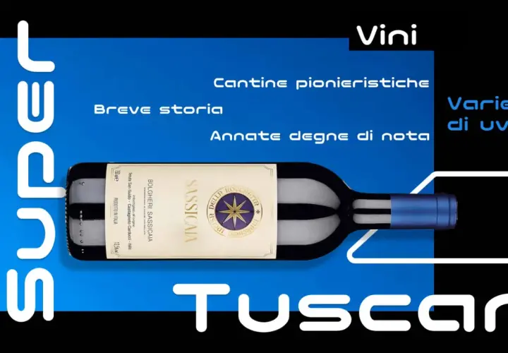 Bottiglia di vino Sassicaia, un Super Tuscan, con etichetta che menziona la varietà di uva e la sua storia.