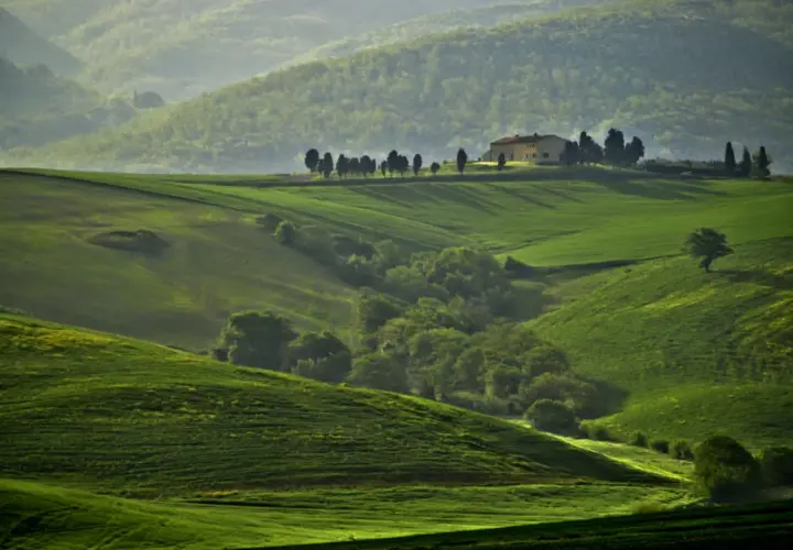 Dolci colline verdi vicino Orciano Pisano, con una casa isolata e cipressi.