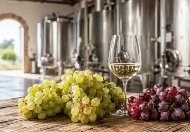 Uva bianca e rossa su un tavolo di legno, con un bicchiere di vino bianco e grandi serbatoi di acciaio inossidabile sullo sfondo, evocano il processo di vinificazione in bianco.