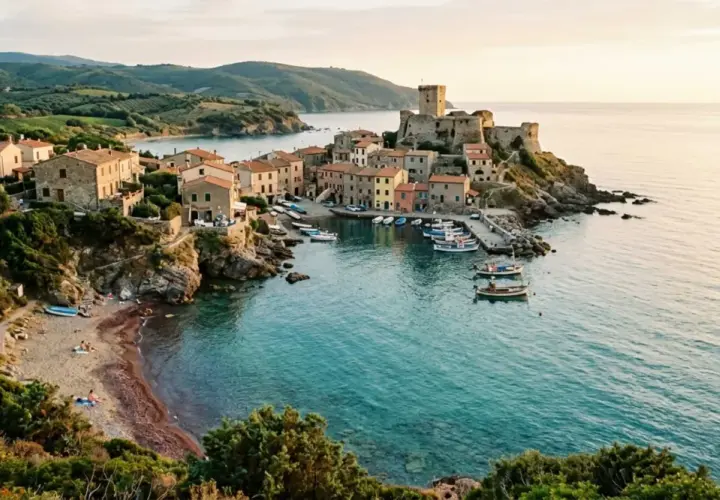 Borghi pittoreschi con un castello medievale affacciato sul mare, barche nel porto e una piccola spiaggia. Un incantevole scorcio di borghi vicino Marina di Massa.