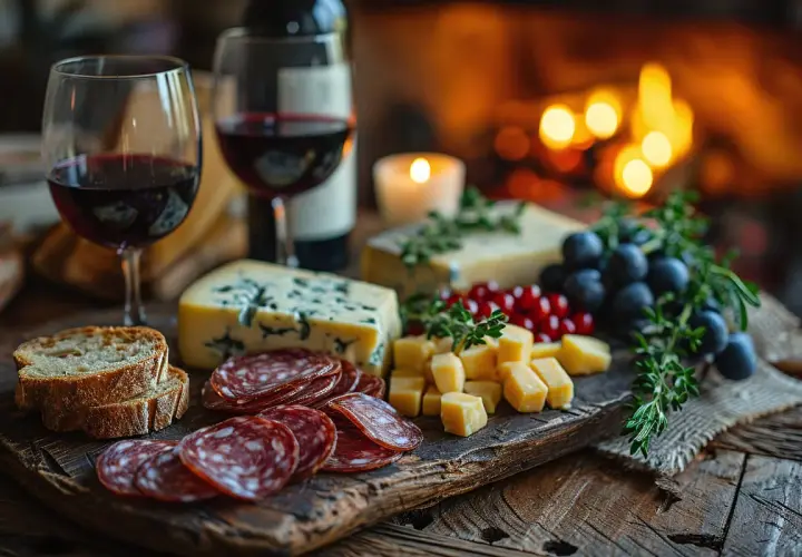 Tagliere con salumi, formaggi, uva e pane, perfetto per un abbinamento barolo davanti al camino.