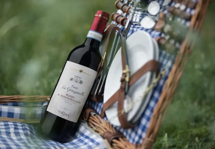 Cesto da picnic con bottiglia di vino rosso, probabilmente da uve sangiovese, e piatti.