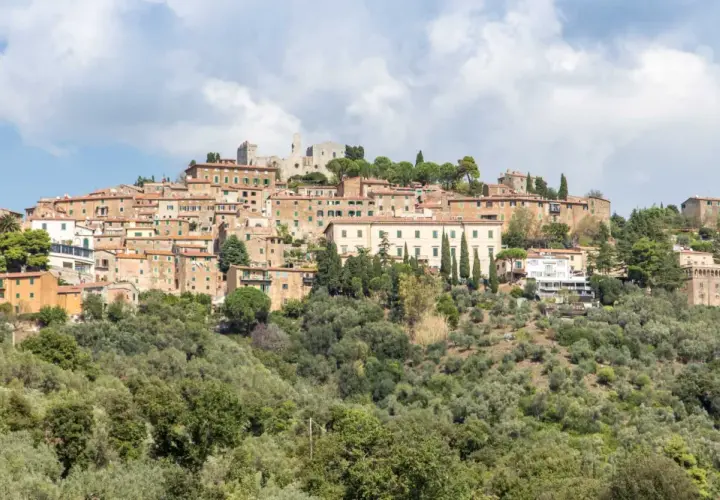 Panoramica di un borgo collinare con case in pietra e tetti rossi, circondato da uliveti. Marina di Campiglia, un gioiello toscano.