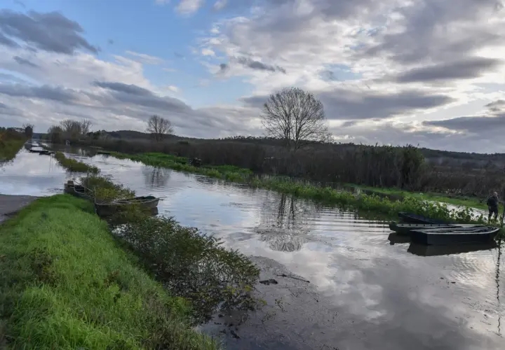 Canale con barche ormeggiate vicino a Ponte Buggianese, riflessi nel cielo nuvoloso.