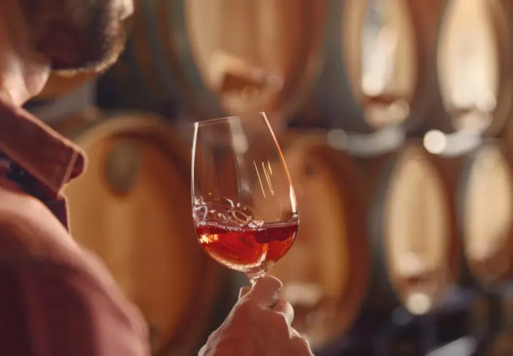 Un uomo assapora un bicchiere di vino rosso nelle cantine di Bolgheri, circondato da botti di legno.